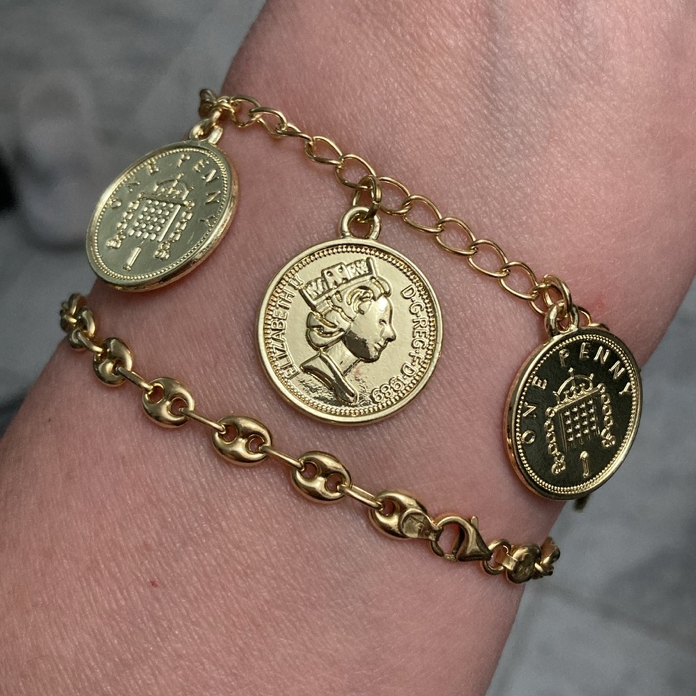 Gold coin charm bracelet fits up to size 8 wrist
